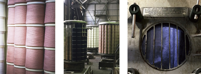 左・中：様々な色に染められた糸（東洋繊維協同組合）右：糊付けされた生地を加工するための機械（西染工株式会社）